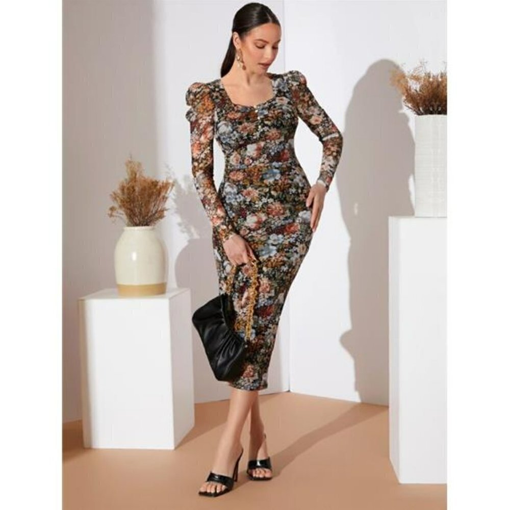 Women's Boho Floral Lace Stretch Bodycon Dress Hawaiian Sweetheart Neck Dress, M - Picture 3 of 6